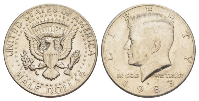 США 1/2 доллара (50 центов) 1983 P, Джон Кеннеди KM A202b медь плакированная медно-никелем aUNC 180-1016