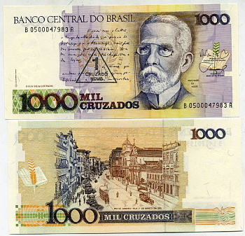 БРАЗИЛИЯ 1 КРУЗАДО 1989 СЕРИЯ В 0500, НАДПЕЧАТКА НА 1000 КРУЗАДО, МАЧАДО ДЕ АССИС Pick 216b бумага UNC (ПРЕСС) 7551-39-2-2