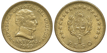 Уругвай 1 песо 1965 KM 46 алюминиевая бронза 24-1155