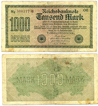 ГЕРМАНИЯ 1000 МАРОК 1922 15 СЕНТЯБРЯ 1922, ВОДЯНОЙ ЗНАК D, БЕЛАЯ БУМАГА Pick 76d бумага 7548-58-1