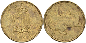 Мальта 1 цент 1991 ласка, горностай KM 93 никель латунь 4585-1162