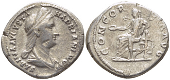 Римская Империя денарий 128 - 136 Сабина, жена АдрианА CONCORDIA AVG Конкордия, персонификация Согласия, Рим Very fine RIC 398 серебро 1073-15-61