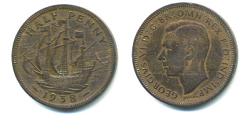 Великобритания 1/2 пенни 1938 Георг VI (1936-1952) KM 844, Spink 4115 бронза 59-636