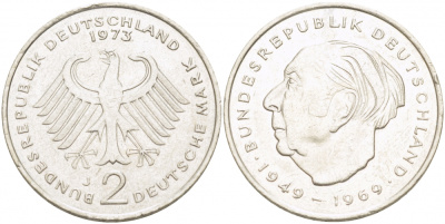 ФРГ 2 МАРКИ 1973 J, ТЕОДОР ХОЙС KM 127, J. 407 медно-никель плакированный никелем плакированный никелем 3996-912