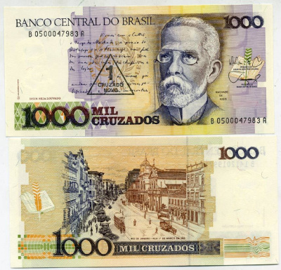 БРАЗИЛИЯ 1 КРУЗАДО 1989 СЕРИЯ В 0500, НАДПЕЧАТКА НА 1000 КРУЗАДО, МАЧАДО ДЕ АССИС Pick 216b бумага UNC (ПРЕСС) 7551-39-2-2