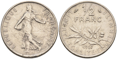 Франция 1/2 франка 1967 сеятель KM 931.1 никель    4169-148