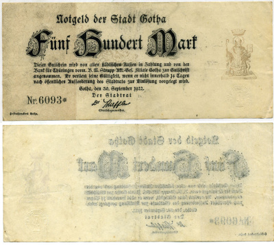 ГОТА 500 МАРОК 1922 НОТГЕЛЬД 30 СЕНТЯБРЯ 1922, ЗЕМЛЯ ТЮРИНГИЯ бумага 00-00