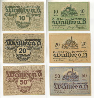 АВСТРИЯ НАБОР ИЗ 3 БАНКНОТ 1920 1 АПРЕЛЯ 1920-31 ДЕКАБРЯ 1920, НОТГЕЛЬД, 10 , 20, 50 ГЕЛЛЕРОВ, НОТГЕЛЬД, WALLSEE a.D. бумага aUNC 6280-5-3-1