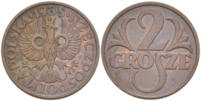 ПОЛЬША 2 ГРОША 1938 w KM 9a, Parchimowicz 102m бронза 4181-1163
