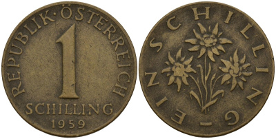 Австрия 1 шиллинг 1959 KM 2886 алюминиевая бронза 4156-1013