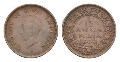 Британская Индия 1/12 анна 1939 монетный двор точка - Бомбей, Георг VI (1936-1952) KM 526 бронза 4649-328