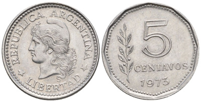 Аргентина 5 сентаво 1973 голова свободы влево KM 65, CJ 352, Schon 65 алюминий    4609-1214