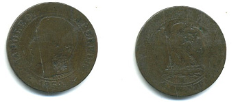 ФРАНЦИЯ 5 САНТИМОВ 1854 MA, НАПОЛЕОН III (1852-1870) KM 777.6, LE FRANC 116.14 бронза 37-724