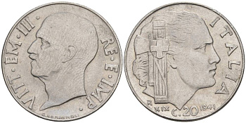 ИТАЛИЯ 20 ЧЕНТЕЗИМО 1941 R, ГОД XIX, ВИКТОР ЭММАНУИЛ III (1900-1946) KM 75b, VEM3. 1028 нержавеющая сталь 3853-545