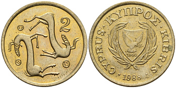Кипр 2 цента 1988 KM 54.2 никель латунь 4174-1244