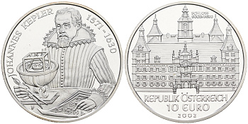 Австрия 10 евро 2002 замок Эггенберг, Иоганн Кеплер, в оригинальной коробке, сертификат KM 3099 серебро PROOF 3-4-11-20