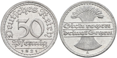 Германия 50 пфеннигов 1921 A KM 27, J.301, Weege 10 алюминий UNC 4584-813