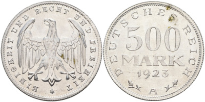 Германия 500 марок 1923 А KM 36, J.305 алюминий 4587-525