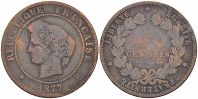 ФРАНЦИЯ 5 САНТИМОВ 1877 А, ТРЕТЬЯ РЕСПУБЛИКА (1871-1940) KM 821.1, LE FRANC 118.16 бронза 108-625
