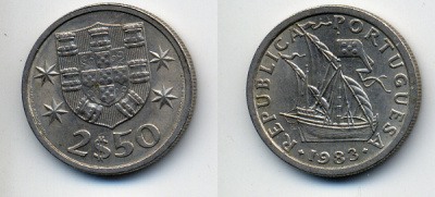 Португалия 2,5 эскудо 1983 парусник KM 590 медно-никель 29-441