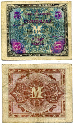 Германия, оккупация союзниками 5 марок 1944 девятизначный номер, без F Pick 193 b, Розенберг 202с бумага 2195-29-1-1