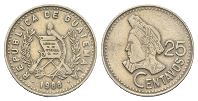 Гватемала 25 сентаво 1988 KM 278.5 медно-никель 4663-824