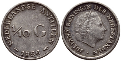 Нидерландские Антилы 1/10 гульдена 1956 Юлиана (1948-1980) KM 3 серебро 46-667
