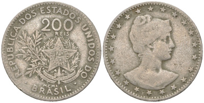 Бразилия 200 реалов 1901 MCMI, голова свободы вправо KM 504 медно-никель 4612-325