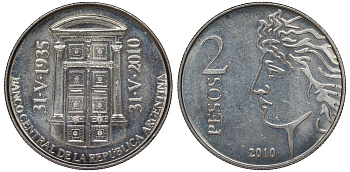 Аргентина 2 песо 2010 75 лет Центральному Банку KM 162 медно-никель UNC 4394-1126