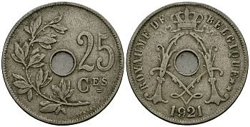 Бельгия 25 сантимов 1921 Belgique KM 68 медно-никель 4168-1233