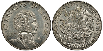 МЕКСИКА 5 ПЕСО 1977 ВИСЕНТЕ ГЕРРЕРО KM 472 медно-никель XF 118-1025