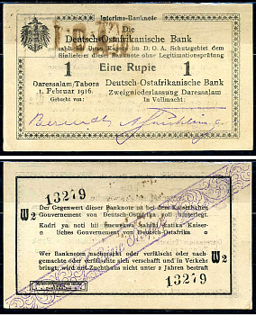 Германская Восточная Африка 1 рупия 1916 Pick 19 (9)	 бумага aUNC 8590-37-2-2