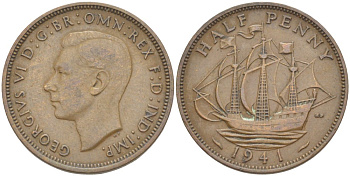 Великобритания 1/2 пенни 1941 Георг VI (1936-1952) KM 844, Spink 4115 бронза 4539-653
