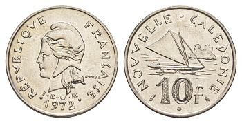 Французская Новая Каледония 10 франков 1972 лодка KM 11 никель UNC 4641-157