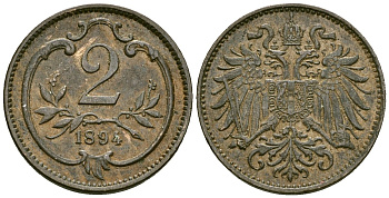 Австрия 2 геллера 1894 Франц Иосиф (1846-1918) KM 2801 бронза 4173-1112