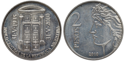 Аргентина 2 песо 2010 75 лет Центральному Банку KM 162 медно-никель UNC 4394-1126