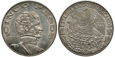 МЕКСИКА 5 ПЕСО 1977 ВИСЕНТЕ ГЕРРЕРО KM 472 медно-никель XF 118-1025