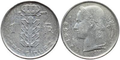 БЕЛЬГИЯ 1 ФРАНК 1959 BELGIQUE KM 142.1 медно-никель 4388-435