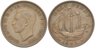 Великобритания 1/2 пенни 1941 Георг VI (1936-1952) KM 844, Spink 4115 бронза 4539-653
