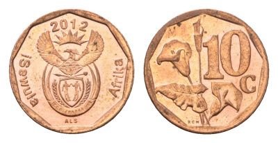 ЮАР 10 центов 2012 герб, цветок алоэ сталь плакированная бронзой UNC 4687-511
