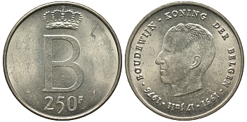 Бельгия 250 франков 1976 25 лет правления Бодуэна I, der Belgen KM 158.1 серебро UNC 443-1214
