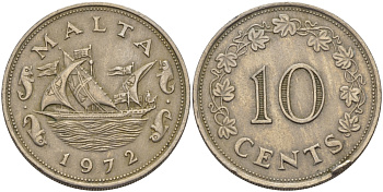 Мальта 10 центов 1972 баржа Великого магистра KM 11 медно-никель 82-535