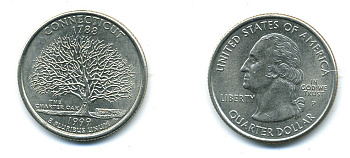 США 25 центов = квотер 1999 Р, серия штаты США, Коннектикут KM 297 медь плакированная медно-никелем 4388-821