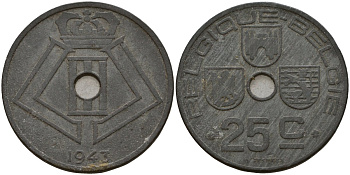 Бельгия 25 сантимов 1943 Belgique - Belgie, Леопольд III (1934-1947), германская оккупация, Вторая мировая война KM 131 цинк 4157-511