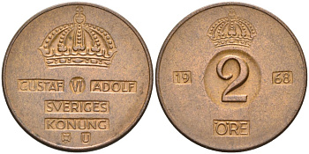 Швеция 2 эре 1968 U, Густав VI Адольф (1950-1973) KM 821 бронза 4364-1323