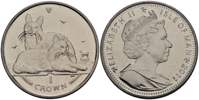 Остров Мэн 1 крона 2011 турецкая ангорская кошка КМ 1440 медно-никель UNC M92-20