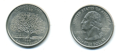 США 25 центов = квотер 1999 Р, серия штаты США, Коннектикут KM 297 медь плакированная медно-никелем 4388-821