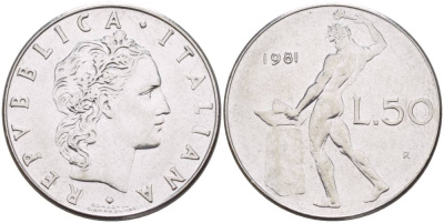 ИТАЛИЯ 50 ЛИР 1981 R, БОГ ОГНЯ ВУЛКАН У НАКОВАЛЬНИ KM 95.1 нержавеющая сталь 4551-411