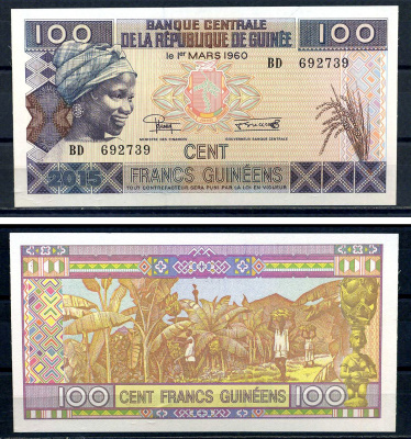 Гвинея 100 франков 2015 женщина, урожай бананов Pick A47  бумага  UNC (пресс) 448-6-1-1