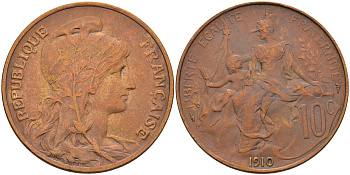 Франция 10 сантимов 1910 тип Дюпюи KM 843 бронза 4117-312